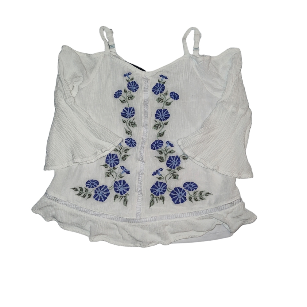 In Girl Embroidered Cold Shoulder Flower White Bell Sleeve Girls  Small (7-8)